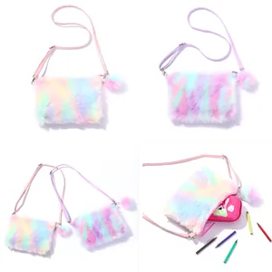 Detailed views of plush rainbow crossbody bag for girls showing storage and soft texture