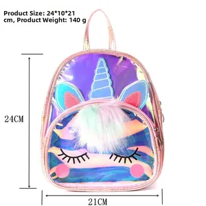 Close-up of holographic unicorn backpack for kids showing size 24x10x21cm and 140g weight