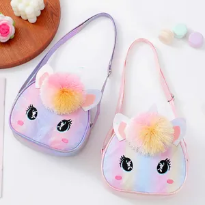 Glittery unicorn themed crossbody bags for girls featuring embroidered eyes and plush pom-poms