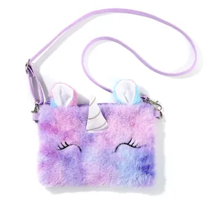 Adjustable purple strap and metallic zipper detail on unicorn plush crossbody bag