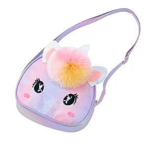 Purple glitter girls crossbody bag with cartoon eyes embroidery and plush pompom detail