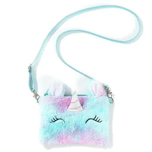 Detailed view of plush unicorn bag showing fluffy gradient faux fur and embroidery