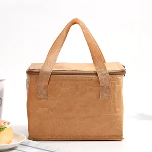 Detail of insulated brown Tyvek lunch bag showing reinforced stitching and zipper closure