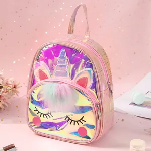 Cute Unicorn Kids Holographic Laser Mini Backpack For Girls Cartoon School Bag With Pom Pom Sparkle Princess Travel Bag