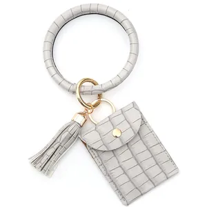 Détail du porte-clés bracelet en cuir gris à motif crocodile avec gland et mini pochette