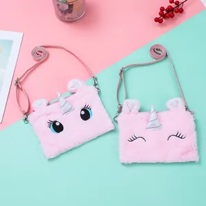 Cute pink plush unicorn shoulder bags with silver sequins horn and adjustable straps
