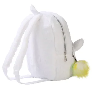 Detail of white plush backpack with silver zipper and gradient pompom accessory