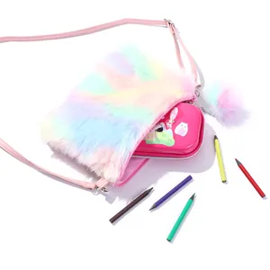 Detailed view of rainbow plush crossbody bag interior with stationery storage case