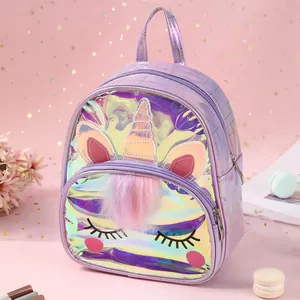 Unicorn kids backpack featuring holographic purple laser finish and pink plush details