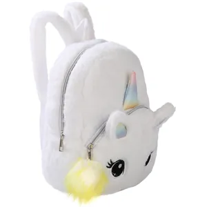 Detail of white plush unicorn backpack with soft fur texture and cute rainbow horn