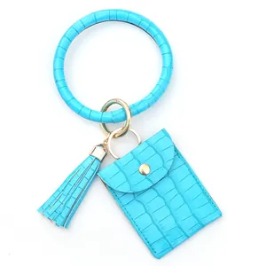 Porte-cartes en cuir PU bleu ciel à motif crocodile avec bracelet et porte-clés doré