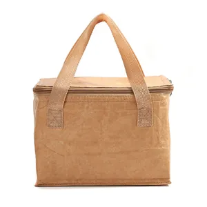 Close-up of brown Tyvek lunch bag with zipper and reinforced handles for insulation