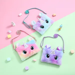 Unicorn plush shoulder bag for girls with adjustable strap and colorful gradient faux fur