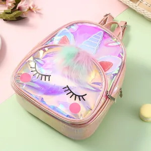 Macro detail of magical laser TPU unicorn backpack with colorful plush mane and 3D ears
