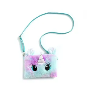 Plush unicorn crossbody bag for kids with colorful gradient fur and big eyes embroidery