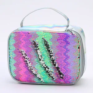 Detail of sequin lunch bag featuring flip sequins and laser iridescent handle for kids