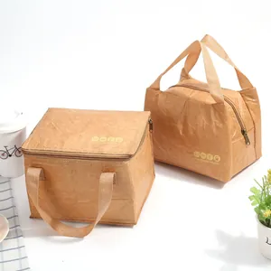 Detail of Tyvek insulated lunch bag showing waterproof natural crinkled paper texture