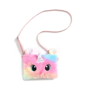 Detail of plush unicorn bag featuring rainbow faux fur and adjustable pink strap