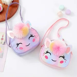 Glitter unicorn crossbody bags with embroidery and colorful pom-poms for little girls