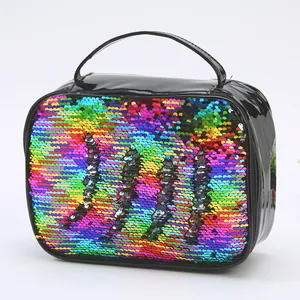 Macro view of portable lunch bag featuring gradient sequins and glossy patent leather