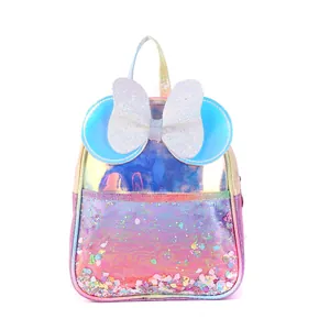 Rainbow holographic kids backpack with sequin bow and transparent glitter pocket