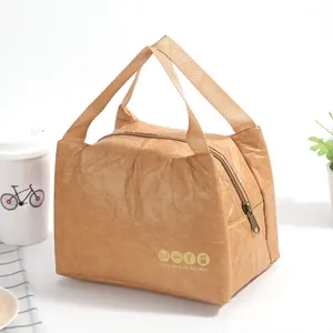 Detail of Tyvek paper insulated lunch bag with zipper and custom printed picnic motifs