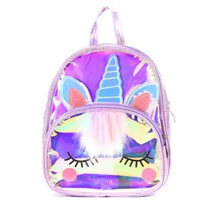Detail showing glittery laser material and plush artificial fur on unicorn backpack