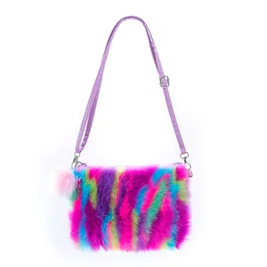 Cute colorful faux fur rainbow crossbody bag for kids with purple strap and pink pompom