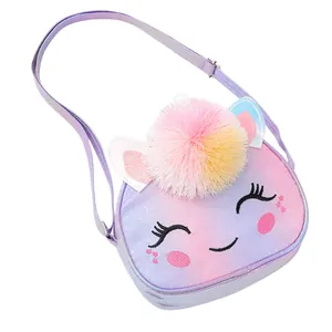 Glittery unicorn crossbody bag for girls with purple gradient sequins and plush pom-pom