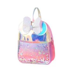 Rainbow holographic kids backpack with sequin bow and cartoon mouse ears design