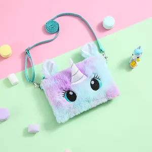 Macro shot of plush unicorn shoulder bag with glitter horn and soft gradient fur detail