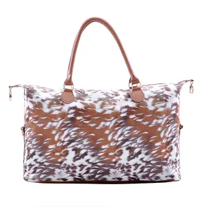 Grand Sac de Voyage en Toile pour Femme Imprimé Cowboy de l'Ouest Léopard Vache Sac de Week-end avec Poignée en Cuir PU pour Voyage