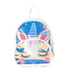 Detail of holographic unicorn backpack showing colorful faux fur and 3D glittery ears