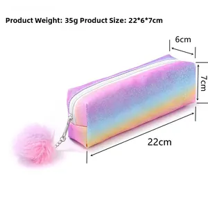 Rainbow glitter pencil case with pink pompom charm, size 22x6x7cm, 35g weight