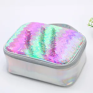 Detail view of the iridescent sequin surface and laser metallic finish on lunch bag