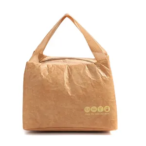 Detail view of Tyvek lunch bag with kraft paper texture and insulated aluminum lining