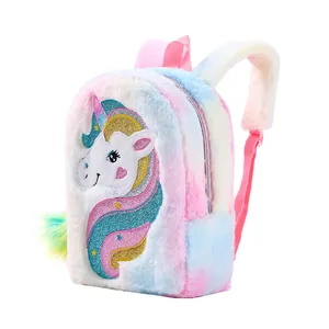 Rainbow plush unicorn backpack for girls with embroidered details and soft furry texture