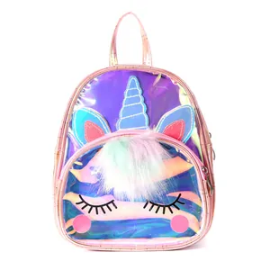 Detailed macro view of the holographic laser material and unicorn horn on child's backpack