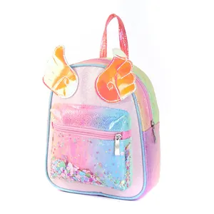 Detail of rainbow laser kid backpack with sparkly sequins and orange decorative wings