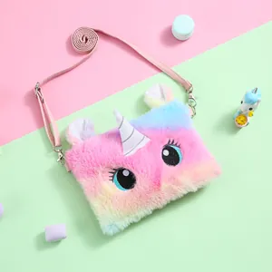 Rainbow plush unicorn crossbody bag for kids with large eyes and pink leather strap