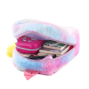 Cute rainbow faux fur unicorn backpack with large storage for books and stationery