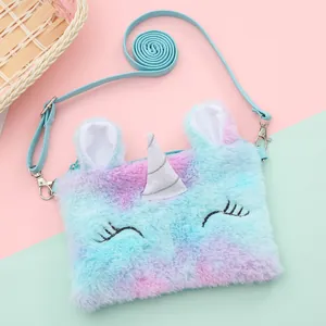 Macro detail of plush unicorn shoulder bag featuring soft gradient fur and sequin horn