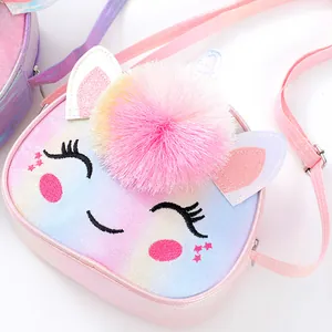 Glitter unicorn crossbody bag for girls with star embroidery and soft pompom detail