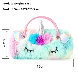 Detail view of plush rainbow unicorn bag showing dimensions 16x5.5x8.5cm and soft texture