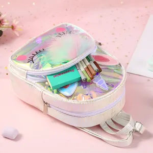 Detail view of iridescent laser TPU backpack with plush pompom and school supplies