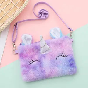 Detailed close-up of fluffy tie-dye unicorn crossbody bag with purple adjustable leather strap