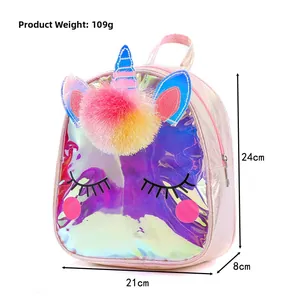 Close-up of unicorn backpack showing pink laser TPU texture and dimensions 21x24x8cm