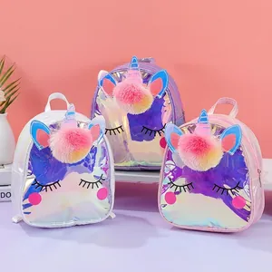 Kids Unicorn Holographic Backpack Laser PU Leather School Bag For Girls Mini Travel Daypack With Plush Pom Pom Charm