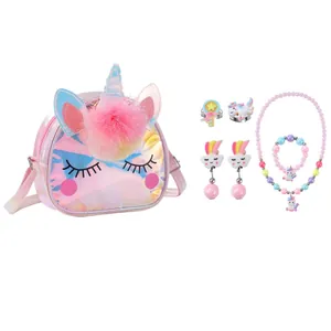 Unicorn themed jewelry set for kids with glitter shoulder bag necklace and accessories