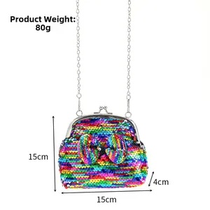 Detail view of colorful sequin bow purse with dimensions 15x15x4cm and silver metal clasp